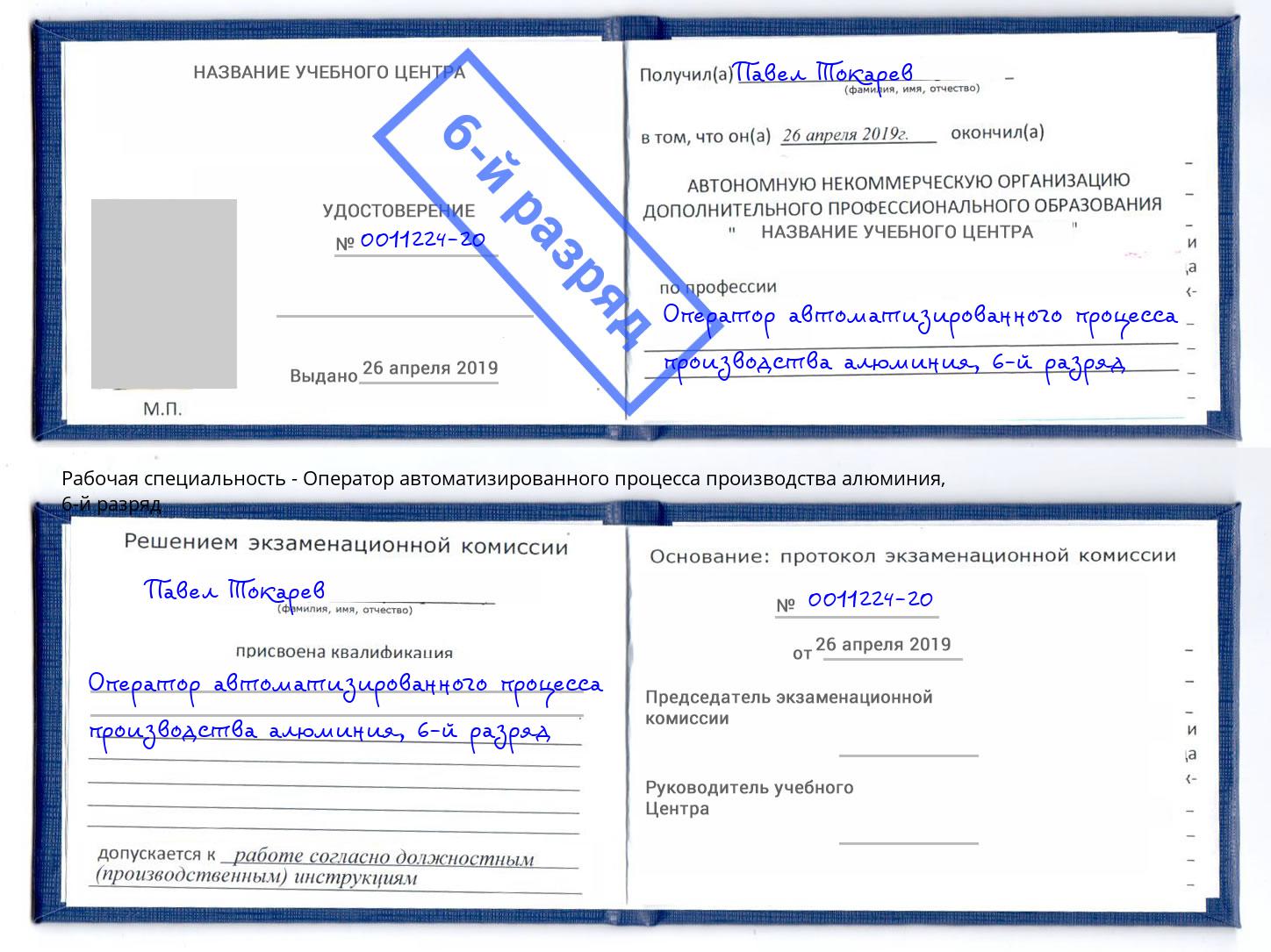 корочка 6-й разряд Оператор автоматизированного процесса производства алюминия Туймазы