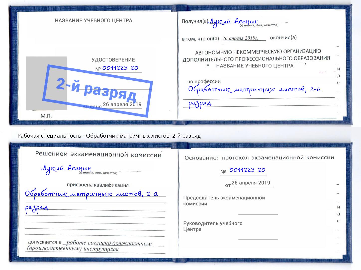корочка 2-й разряд Обработчик матричных листов Туймазы