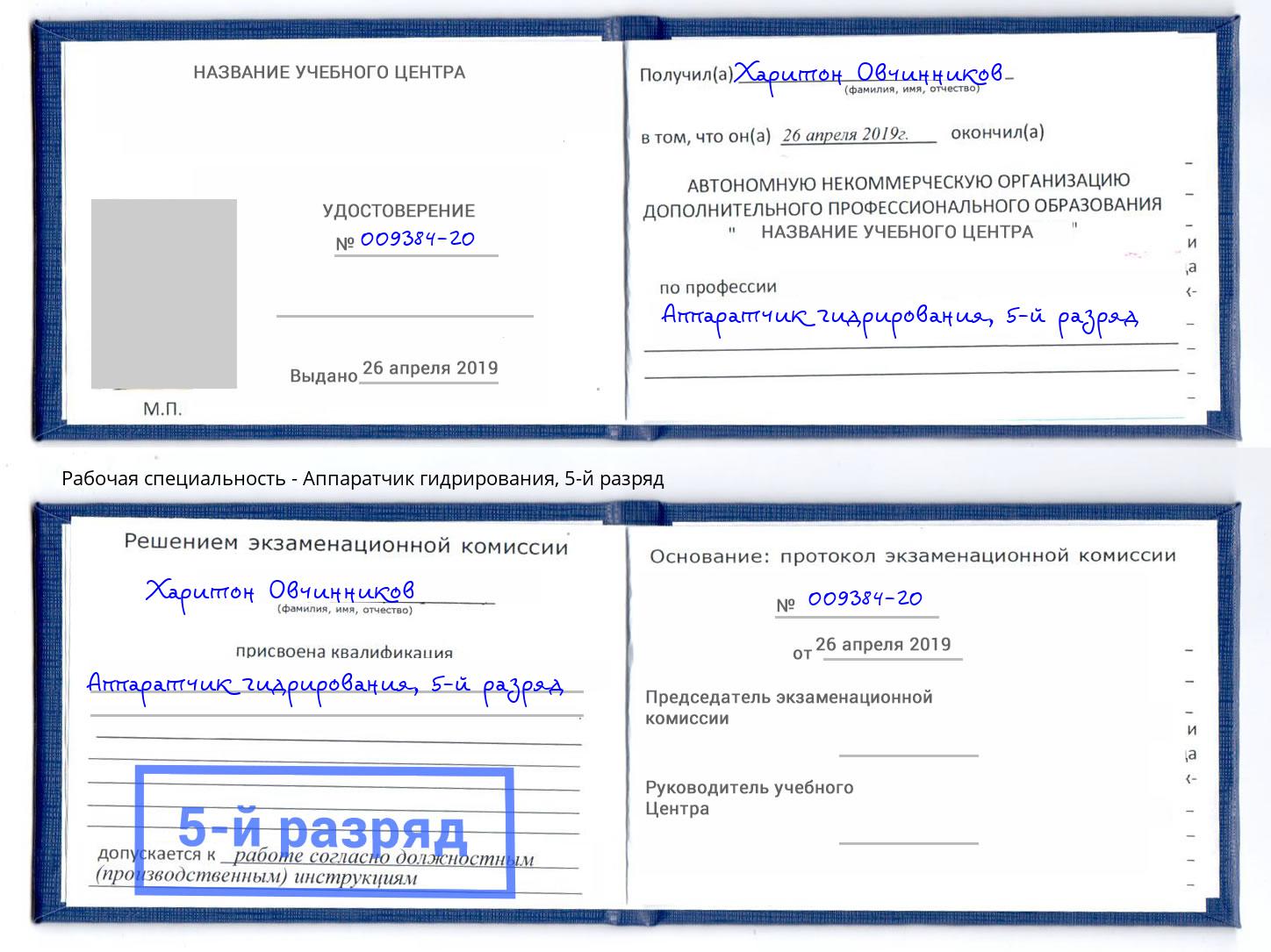 корочка 5-й разряд Аппаратчик гидрирования Туймазы