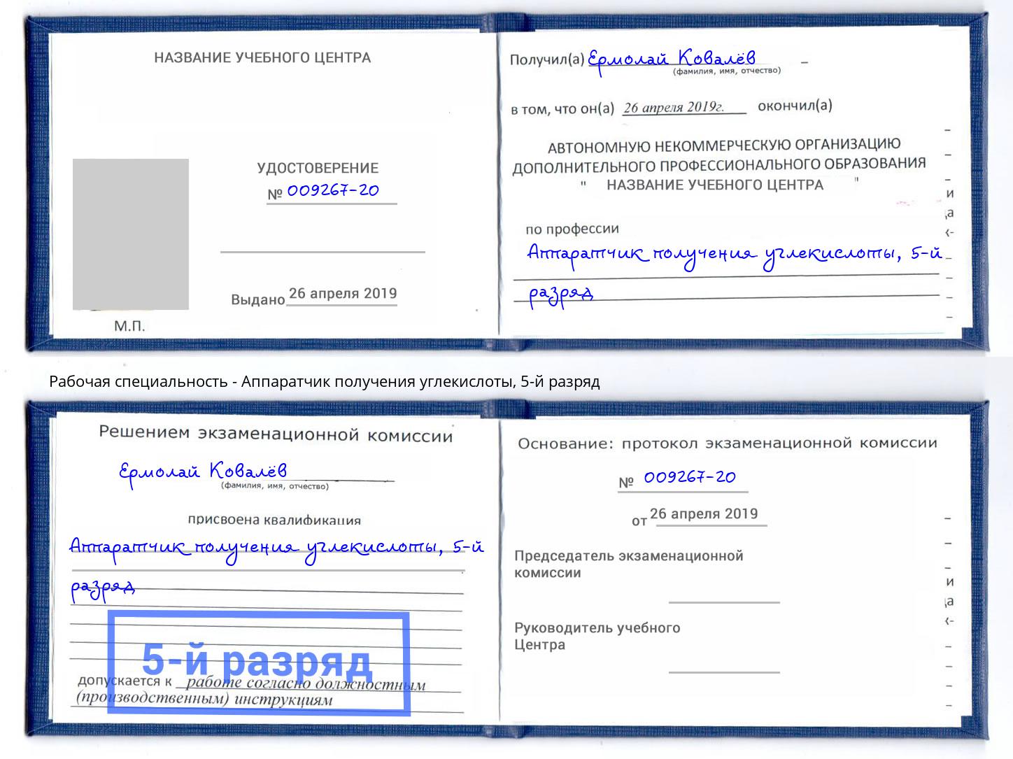 корочка 5-й разряд Аппаратчик получения углекислоты Туймазы