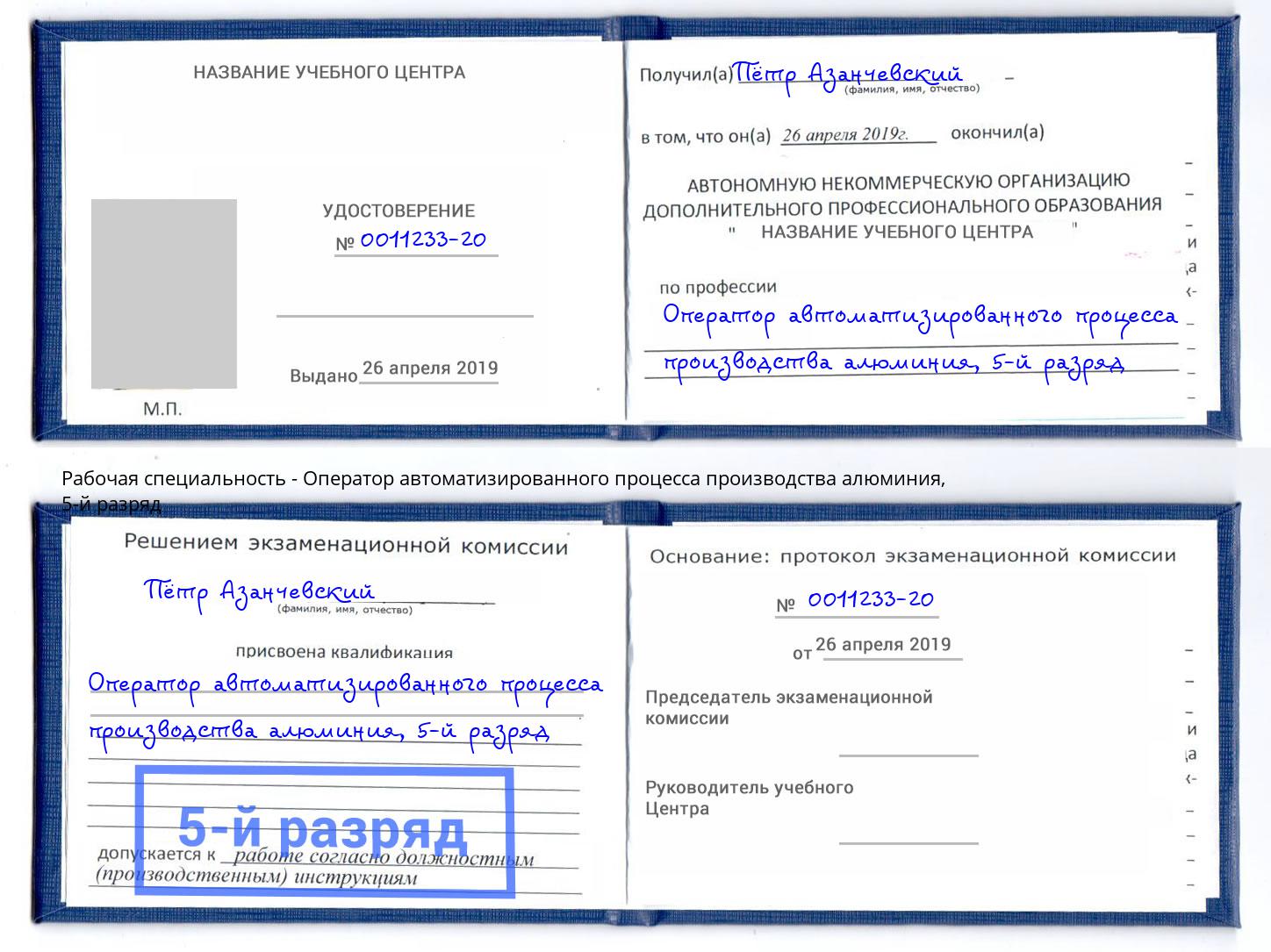 корочка 5-й разряд Оператор автоматизированного процесса производства алюминия Туймазы